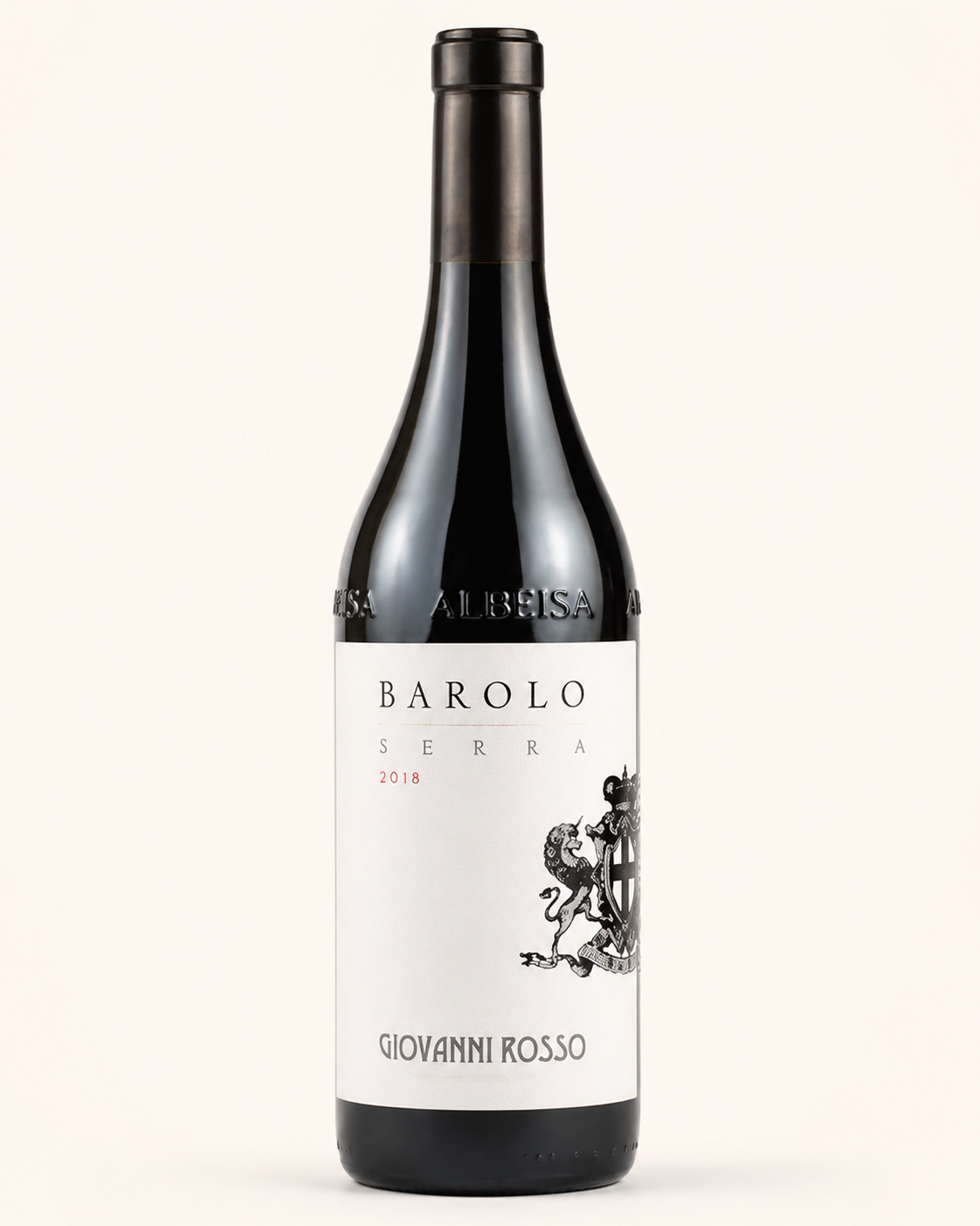 Bottiglia di Barolo Serra DOCG 2018 Giovanni Rosso vino rosso piemontese da uve Nebbiolo